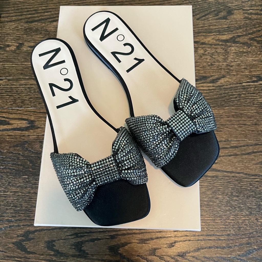 Nib No.21 Black Satin Crystal Embellished Bow Flats 38
